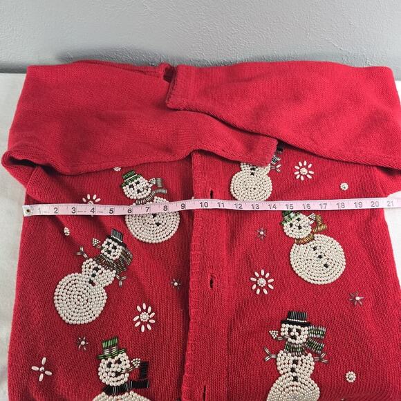 Victoria‎ Jones VTG Christmas Red Cardigan Medium Elegant Beaded Pearls Snowman - Picture 3 of 10